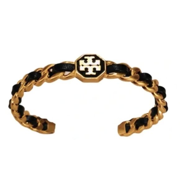 Tory Burch Marion Woven Gold and Black Leather Bracelet - Picture 3 of 4